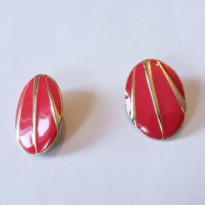 Vintage Pink With Gold Stripe Oval Button Earrings